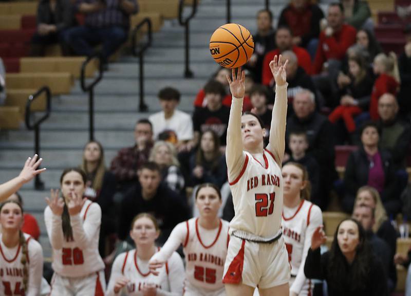Huntley's Aubrina Adamik launches a three-point shot during the IHSA Class 4A Huntley Sectional Championship girls basketball game against Libertyville on Thursday, Feb. 27, 2025, at Huntley High School.