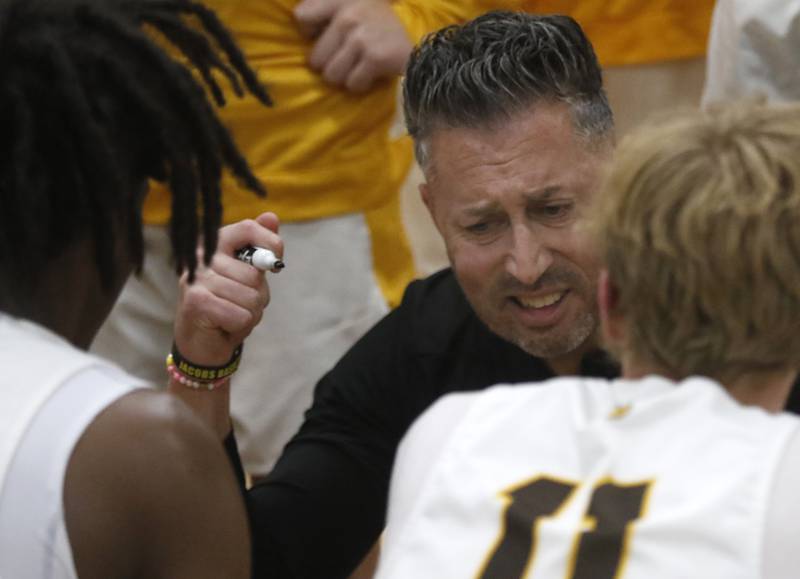 Jacobs Head Coach Jimmy Roberts talks to his team during a Fox Valley Conference boys basketball game against McHenry on Wednesday, Nov. 29, 2023, at Jacobs High School in Algonquin.