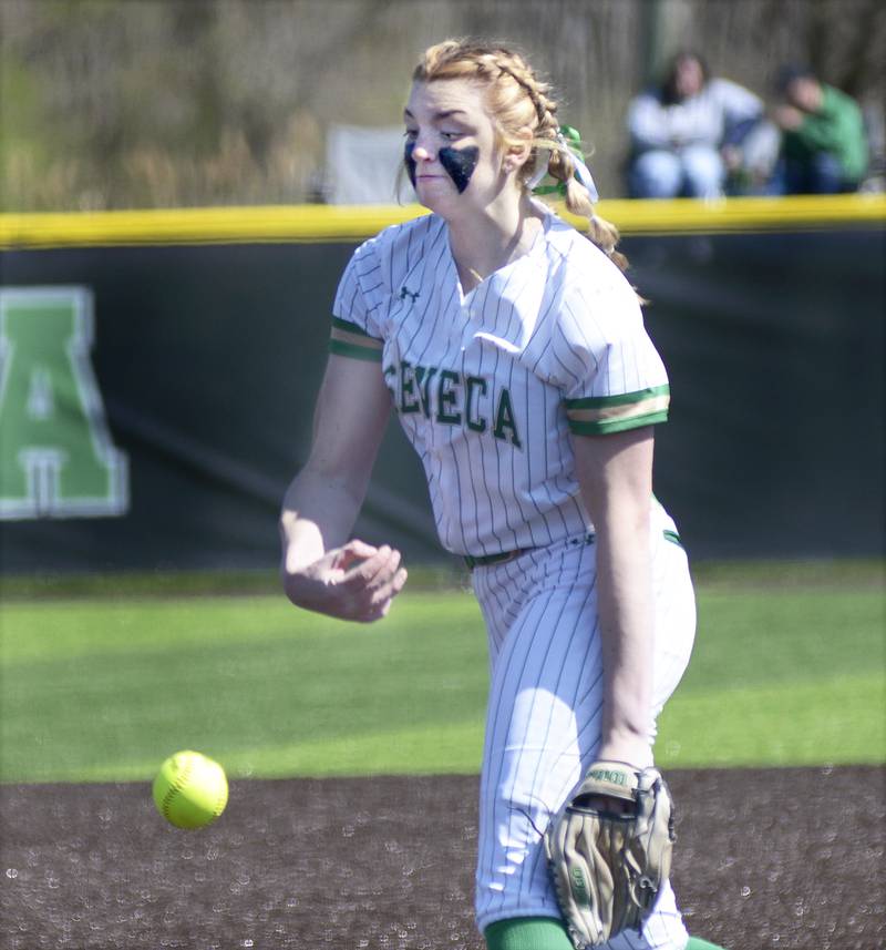 Seneca starting pitcher Tessa Krull fires a pitch against Serena on Saturday, April 12, 2025, at Seneca.