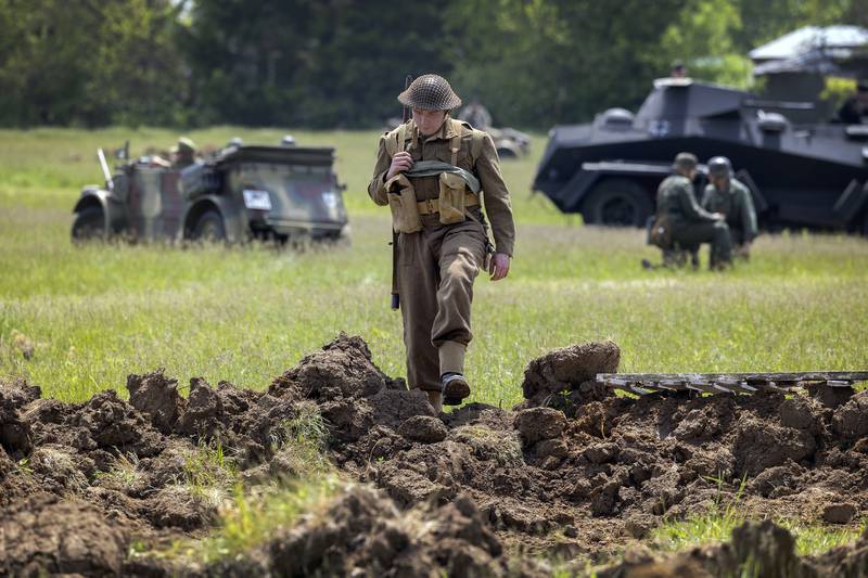 Allied troops reenact the Battle of Anzio Saturday, May 16, 2026, in Franklin Grove.