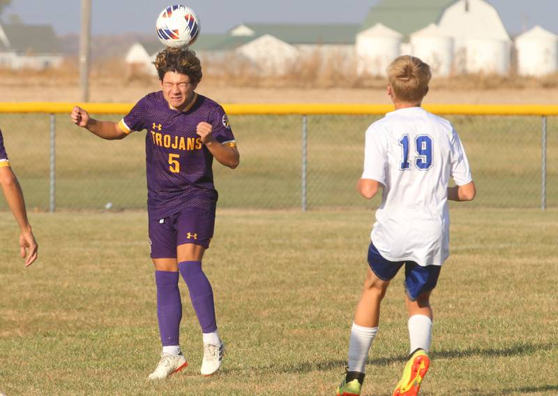 Mendota's Maurcio Martinez puts a header on the ball over Princeton's Andrew Stocking during the Class 1A Regional final game on Tuesday, Oct. 22, 2024 at Serena High School.