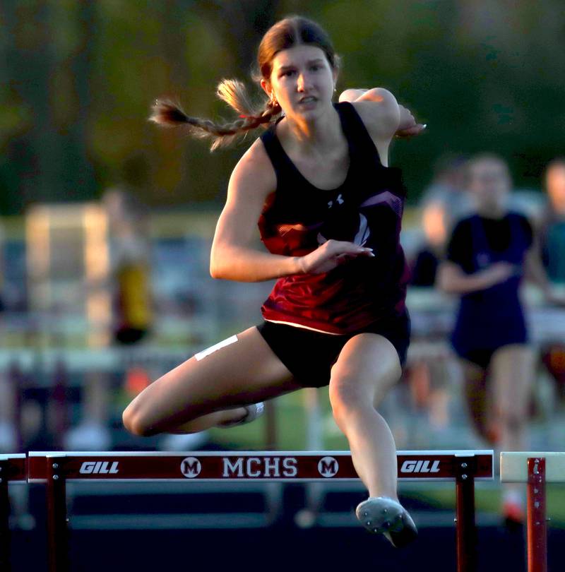 Marengo’s Olivia Walter cruises in the 300-meter hurdles during KRC Conference Track Meet action at Marengo High School in Marengo on Tuesday, May 6, 2025.