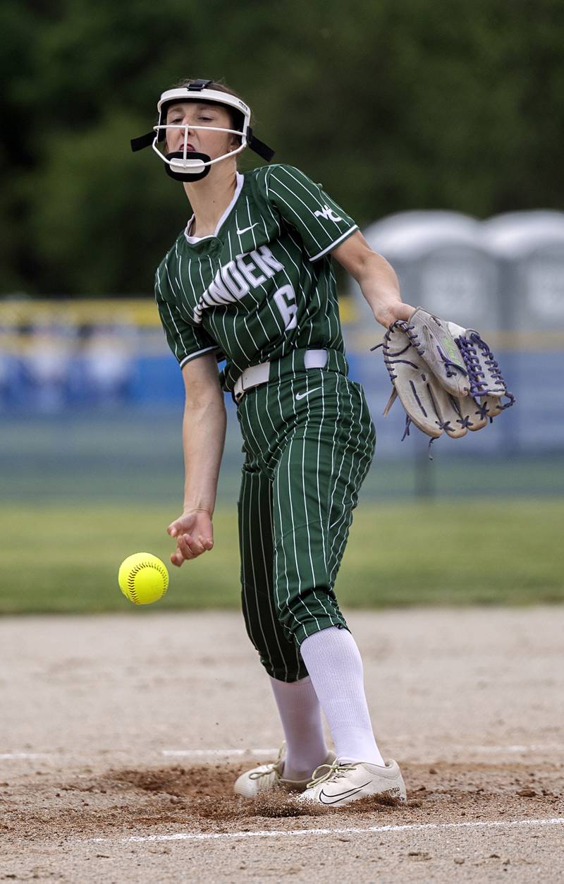 West Carroll’s Megan Hubbard fires a pitch against Morrison Tuesday, May 19, 2026, at the Class 1A softball regionals at Newman.