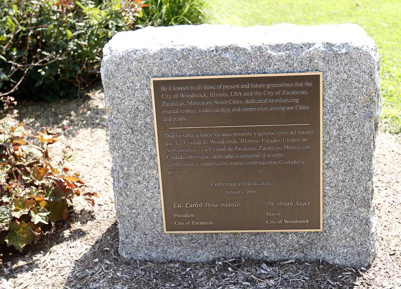 A plaque honoring Woodstock’s sister city partnership with Zacatecas, Mexico, on Thursday, August 4, 2022. A delegation from Woodstock will be traveling to the Zacatecas next month to study their police department.