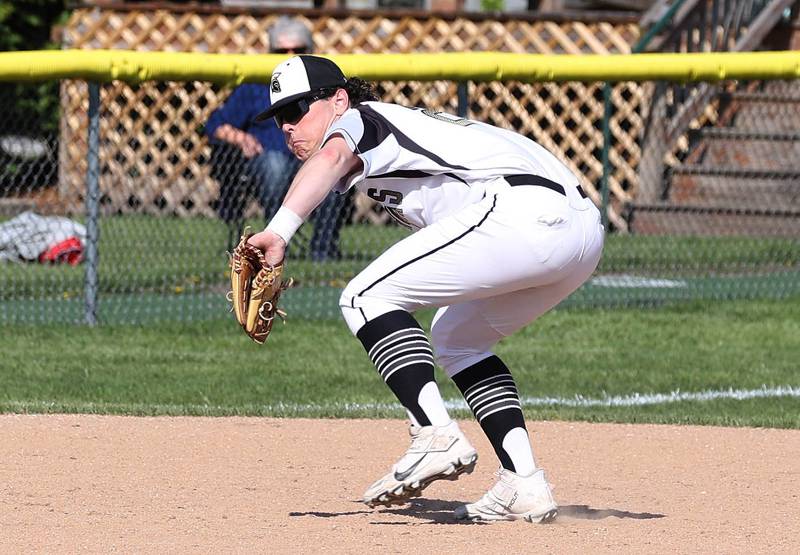 Sycamore's Jack Block makes a play on a hard ground ball to third during their game against Ottawa Tuesday, May 6, 2025, at the Sycamore Community Sports Complex.