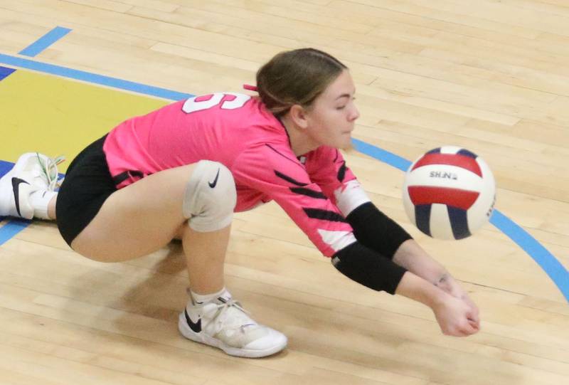 Serena's Trinity Weber digs out a return against Marquette on Wednesday, Oct. 22, 2025 in Bader Gymnasium at Marquette High School.