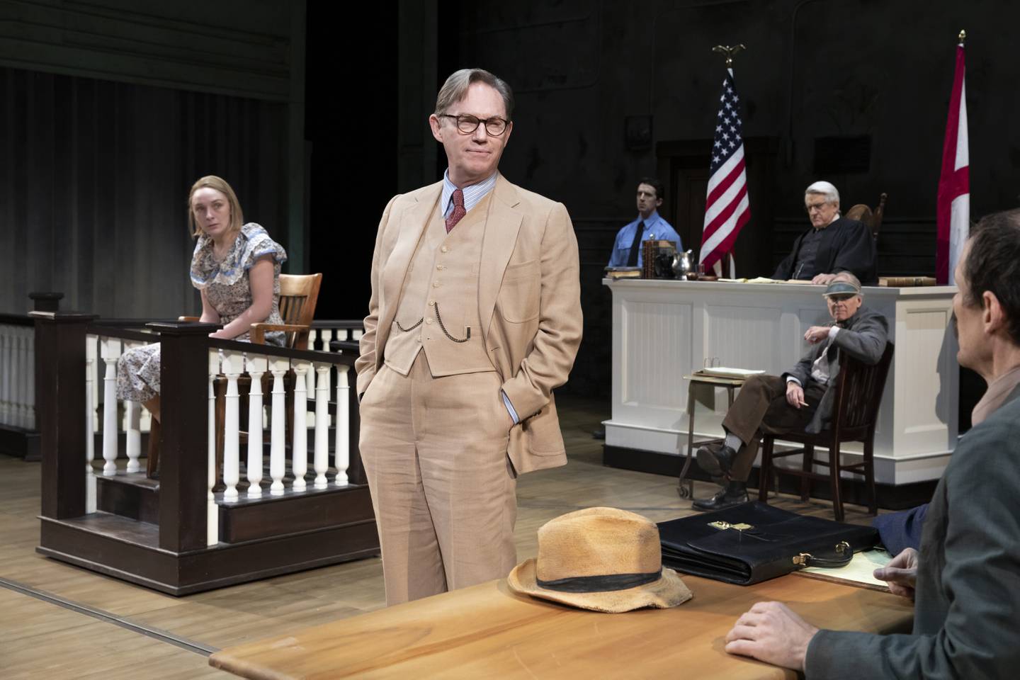 Arianna Gayle Stucki (Mayella Ewell, from left), Richard Thomas (Atticus Finch), Stephen Elrod (Bailiff), Richard Poe (Judge Taylor), Greg Wood (Mr. Roscoe) and Joey Collins (Bob Ewell).