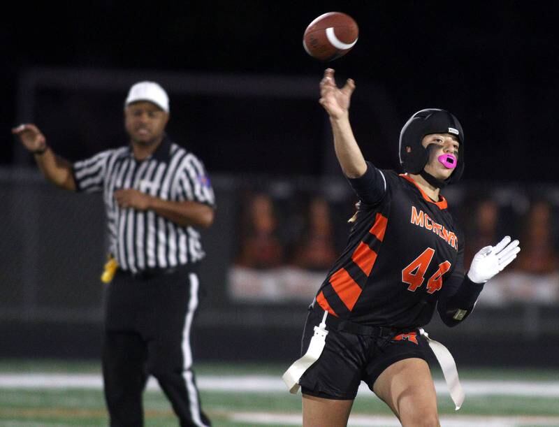 McHenry’s Brooklyn Anderson passes against Antioch in IHSA Regional Title Game action flag football at McHenry High School in McHenry on Thursday, Oct. 10, 2024.