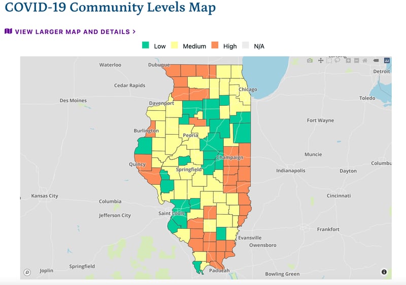 The latest COVID-19 community transmission levels, from the Illinois Department of Public Health for Friday, August. 26, 2022