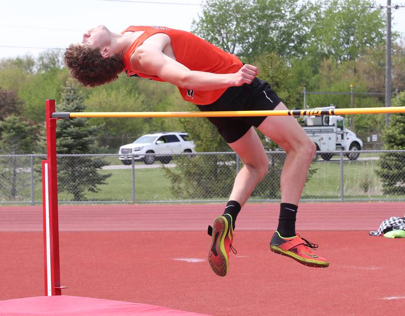 Sandwich's Dylan Young does the high jump during the I-8 Boys Conference Championship track meet on Thursday, May 11, 2023 at the L-P Athletic Complex in La Salle.