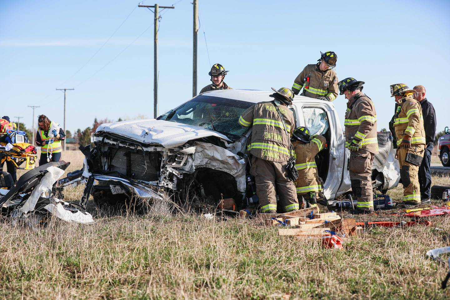 Crews from the Marengo Fire & Rescue Districts and Union Fire Protection District worked to cut a man out of his wrecked pickup truck following a crash Tuesday morning near Union.