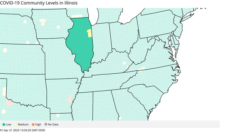 The latest COVID-19 levels for Illinois as of Friday, April 21, 2023