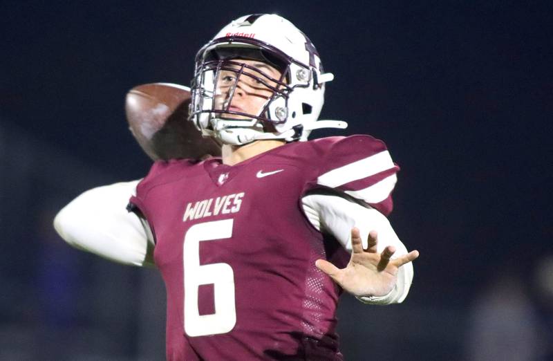 Prairie Ridge’s Luke Vanderwiel fires a pass against Vernon Hills in IHSA football Class 5A first-round playoff action at Prairie Ridge High School in Crystal Lake on Friday, October 31, 2025.