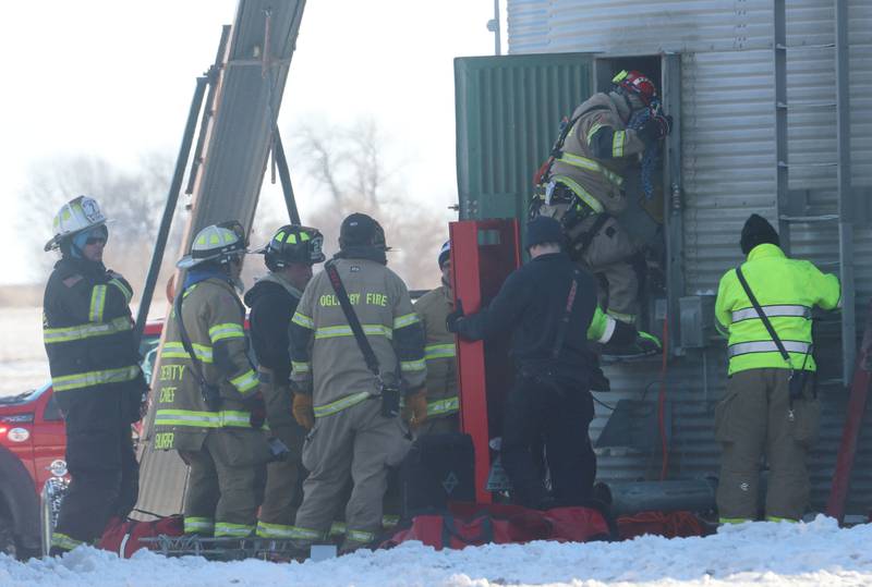 Emergency crews work the scene of a grain bin rescue on Monday, Jan. 26, 2026 in the 13000 block of North 950th Avenue just south of Granville. Two lifeflight helicopters laned and one victim was flown from the scene.