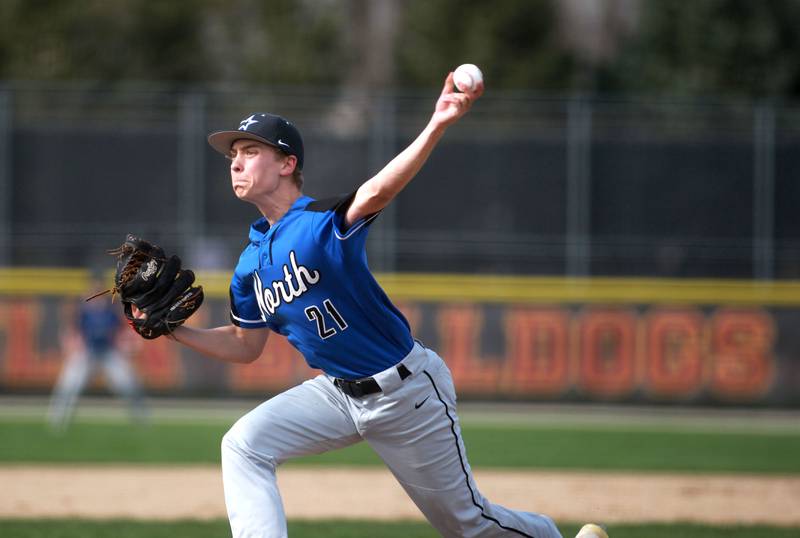 St. Charles North's Emerson Miller pitches during a game against Batavia on Thursday, April 24, 2025 in Batavia.