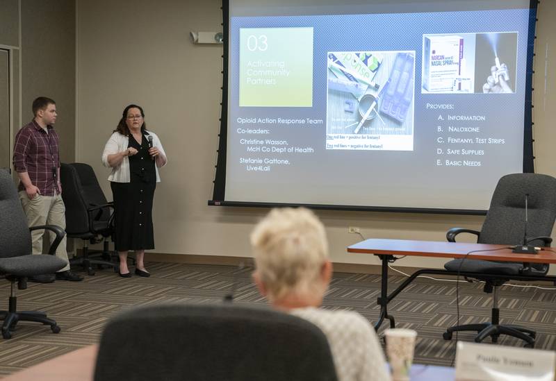 Ryan Sachs, epidemiology program coordinator for the McHenry County Department of Health and Laura Crain, program coordinator for the McHenry County Substance Abuse Coalition deliver a presentation on fentanyl overdoses in McHenry County on Tuesday, July 26, 2022 to the McHenry County Mental Health Board in Crystal Lake. Ryan Rayburn for Shaw Local