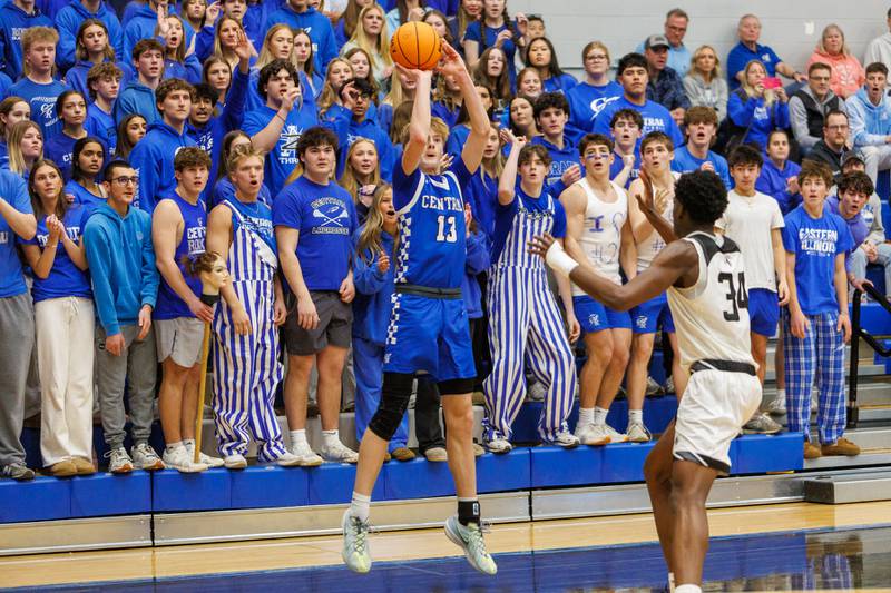 Burlington Central's Declan Wilson shoots a three pointer against Kaneland at the Class 3A Burlington Central Regional Final on Friday, Feb. 27,2026 in Burlington.