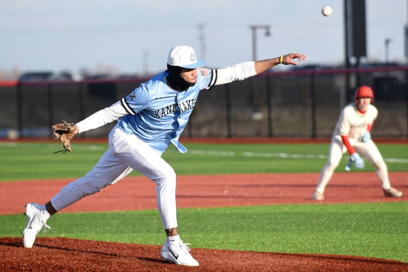 Kankakee's EJ Hazelett throws a pitch during a game against Bradley-Bourbonnais at 315 Sports Park in Bradley Friday, March 27, 2026.