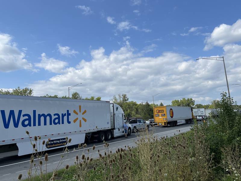 Traffic is backed up along Interstate 55 west of Joliet in Shorewood as lanes were blocked off following debris falling from the I-55 bridge on Monday, Aug. 19. 2024.
