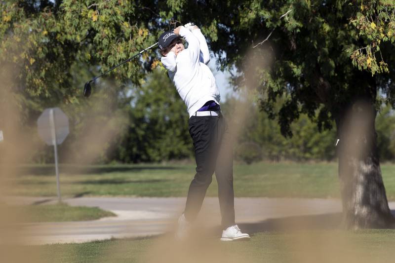 Dixon’s Ben Oros tees off on #5 Wednesday, Oct. 2, 2024 at Emerald Hill in Sterling.