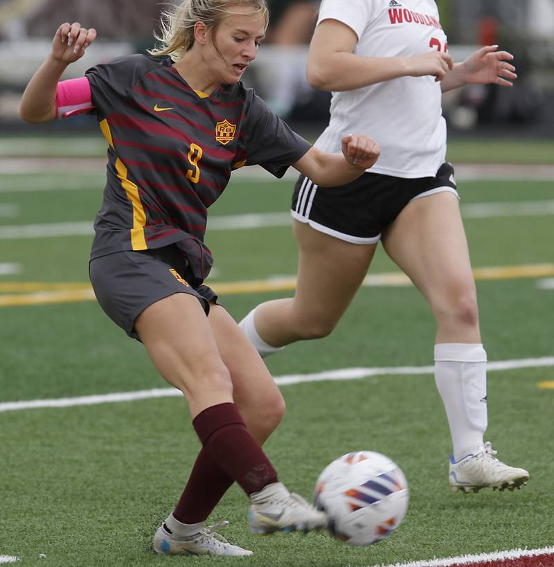 Richmond-Burton's Reese Frericks kicks a goal during a IHSA Division 1 Richmond-Burton Sectional semifinal soccer match against Woodlands Academy Tuesday, May 16, 2023, at Richmond-Burton High School.