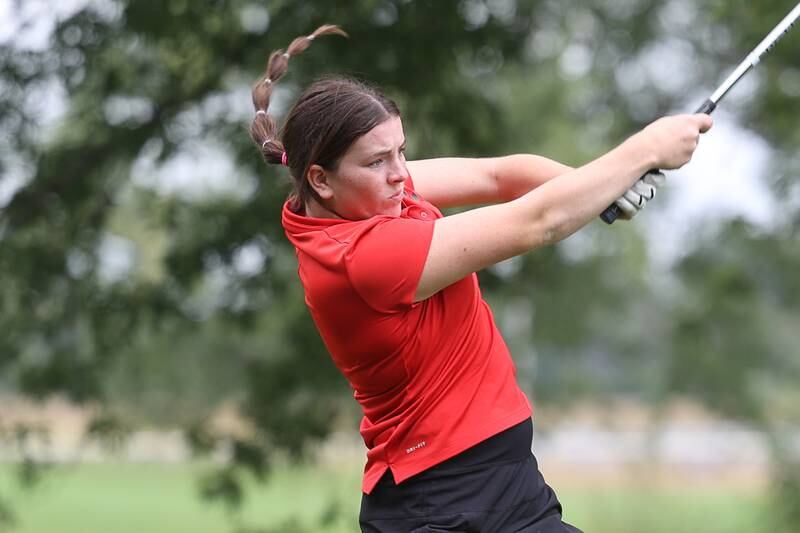 Lasalle’s Allie Thome drives off hole 1 in the Class 2A Bradley Regionals at the Green Garden Country Club in Frankfort on Thursday, Sept. 28, 2023.