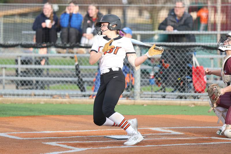 Lincoln-Way West’s Reese Forsythe connects against Lockport in the WJOL Softball Tournament championship game on Thursday, April 2, 2026 in Joliet.