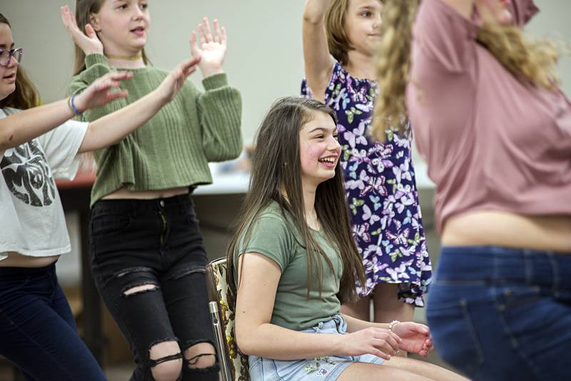 Jocelyn Klapprodt, playing the part of newlywed Tzeitel, rehearses a scene in “Fiddler on the Roof Jr.” on Thursday, May 5, 2022.
