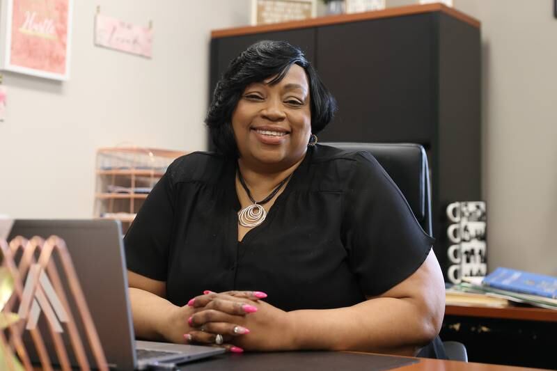 Tionia Williams, Principal at Dr. James Mitchem Early Childhood Center, sits in her office on Monday, April 17, 2023 in Romeoville.