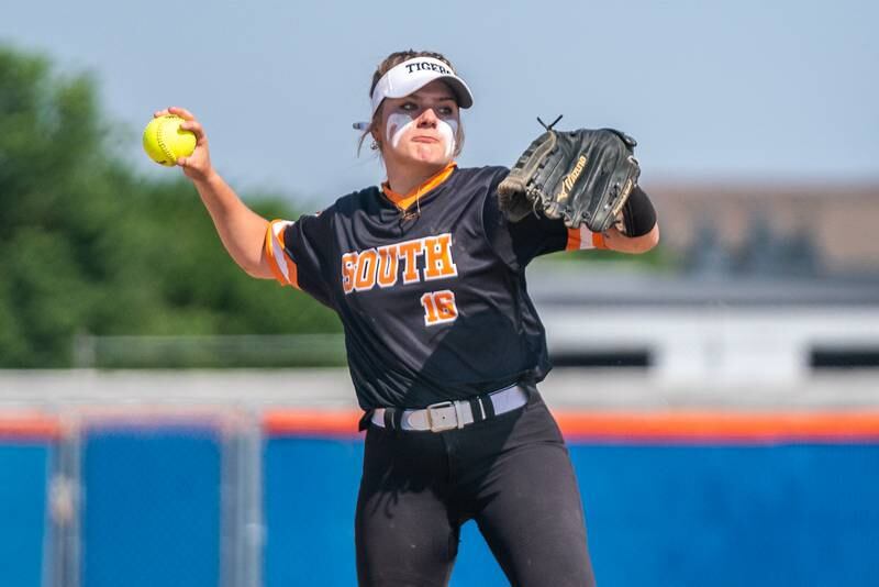 Wheaton Warrenville South's Brooke Struebing (16) fields a grounder and throws to first for an out against Yorkville during the Class 4A Oswego softball sectional final game between Yorkville and Wheaton Warrenville South at Oswego High School on Friday, June 2, 2023.