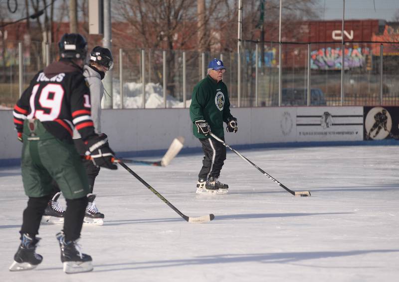 People including Jim Schulte of Cicero participate in Stick & Puck at the Bobby Hull Community Ice Rink Sunday, Jan. 26, 2025 in Cicero.