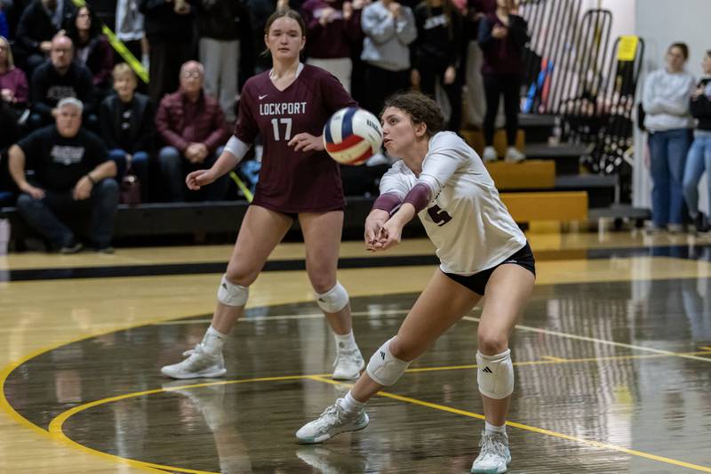 Lockport's Emma Consigny passes to a teammate during a 4A Sectional Finals varsity volleyball game against Joliet West at Joliet West on Nov. 6, 2025.