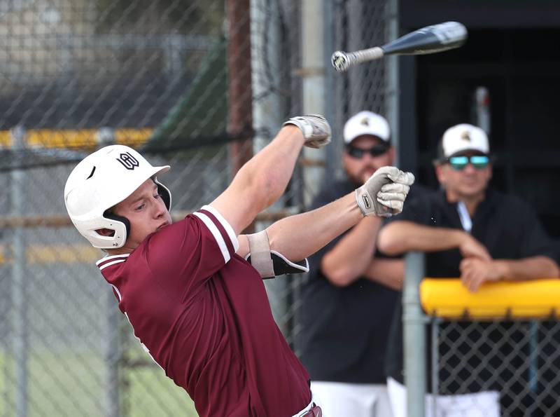 Wheaton Academy's Will Clegg loses his bat on a swing during their Class 3A sectional semifinal against Sycamore Wednesday, May 29, 2024, at the Sycamore Community Sports Complex.