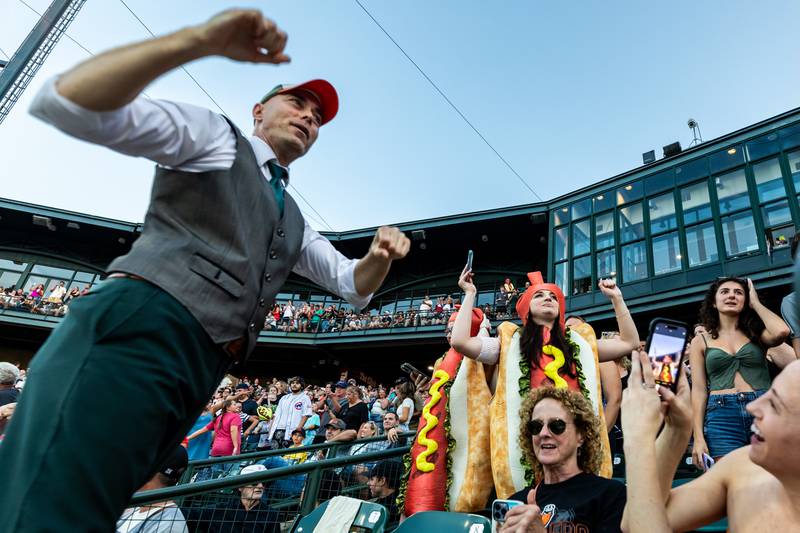 Matthew the Juggler gets fans excited for the Wiener Drop World Record Attempt, sponsored by Pabst Light, at Duly Heath and Care Field on July 22, 2025.