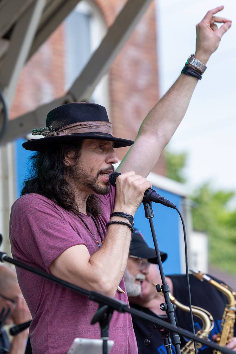 Jeff Anthony of “Brass From The Past” sings at the annual Shrimp Fest on Saturday, June 7, 2025 at Rotary Park in Princeton.