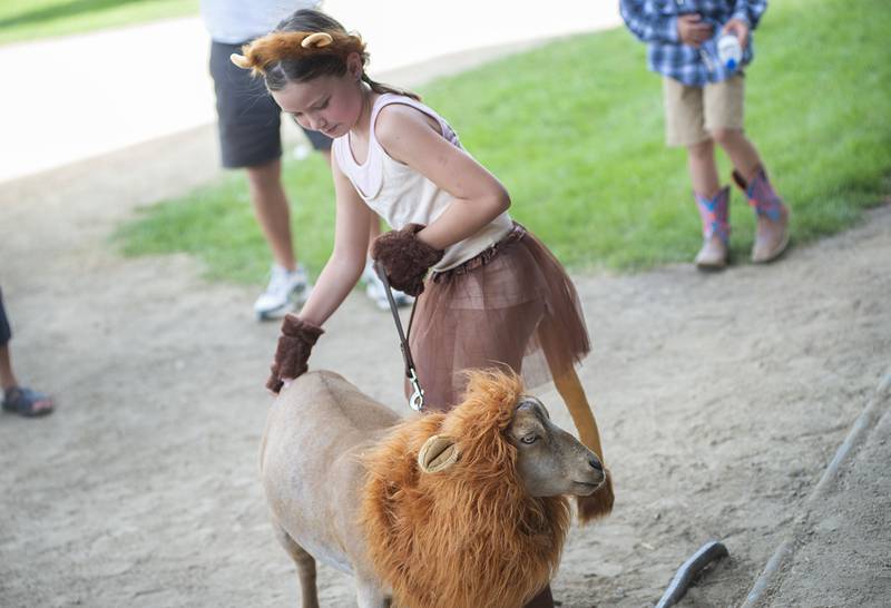 Audrina Setchell, 10, and pet goat Katana, dress up as lions for the pet costume contest Thursday, July 28, 2022 at the Lee County 4H fair.