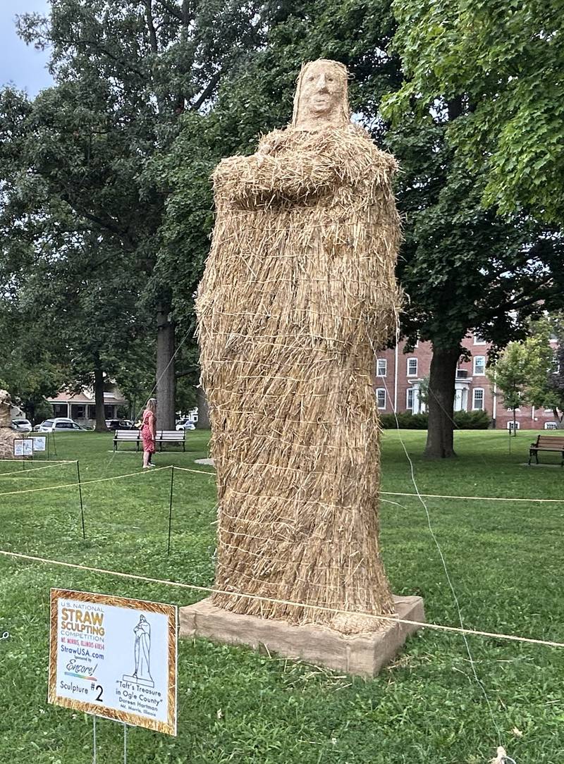 A rendition of Lorado Taft’s Eternal Indian statue, commonly known as the Black Hawk Statue, was one of the straw sculptures at the 2025 U.S. National Straw Sculpting Competition in Mt. Morris. The entry is titled “Taft’s Treasure in Ogle County” and was created by Doreen Hartman of Mt. Morris.