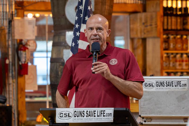 Executive Director of "Guns Save Life", John Bosch speaks on Thursday, Aug 21, 2025 at Jamie's Outpost in Utica.