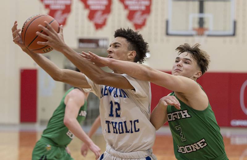 Newman's Isaiah Williams grabs an inbound pass Monday, Nov. 21, 2022 while playing North Boone in the Oregon Thanksgiving Tournament.