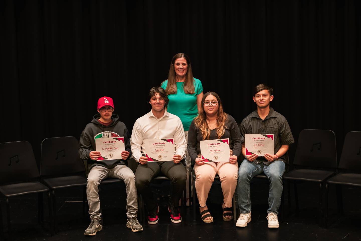 Hall High School students that achieved the state seal of biliteracy in Spanish are (front row, left to right) Cruz Martinez-Prado, Kyler Lapp, Maria Garcia and Yair Santiago. They are pictured with instructor (back row) Katie Lawrence.
