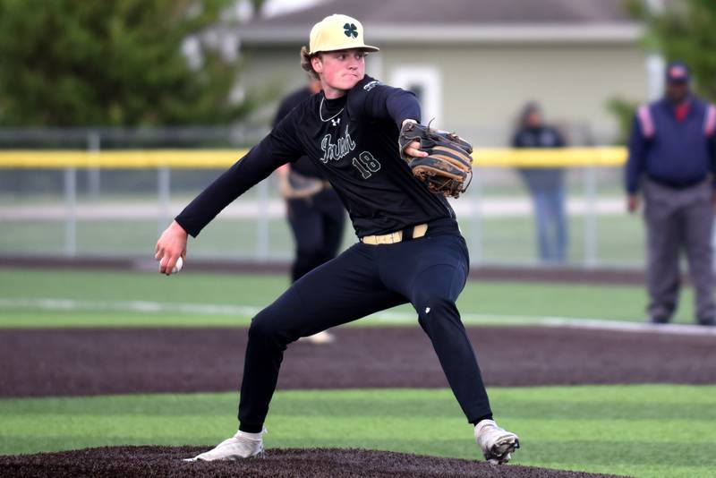 Bishop McNamara's Jacob Lotz delivers a pitch during the Class 2A Herscher Regional semifinals against Central Thursday, May 22, 2025.