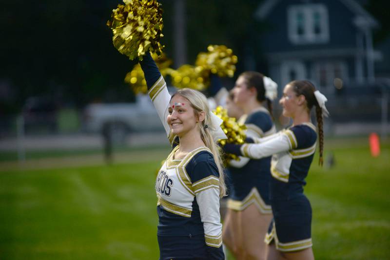 Polo cheerleaders rev up the crowd during the Marcos' game with Bushnell-Prairie City on Friday, Aug, 29, 2025 in Polo.