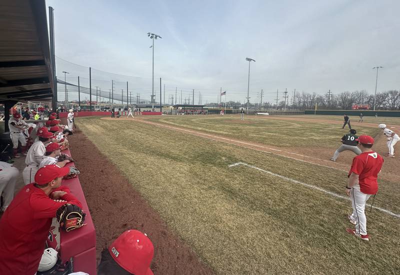 Members of the L-P baseball team play Alleman during the first game on the new field on Tuesday, March 12, 2024 at the L-P Athletic Complex in La Salle.