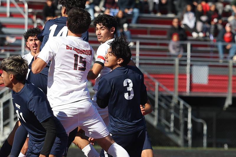 West Aurora’s Diego Munoz (3) eyes his header hit the target against Bolingbrook in the Class 3A Bolingbrook Regional championship match on Saturday, Oct. 26, 2024 in Bolingbrook.