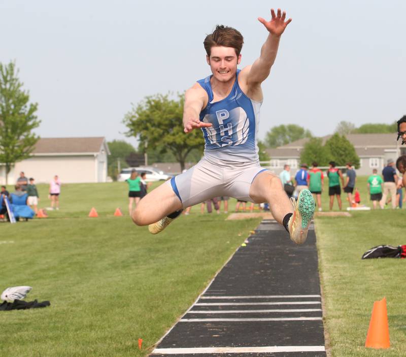 Princeton's Grady Thompson competes in the long jump during the Class 2A track sectional meet on Wednesday, May 17, 2023 at Geneseo High School.