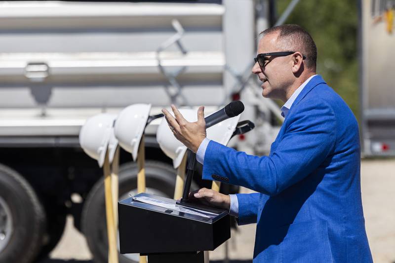 Dixon city manager Danny Langloss addresses the crowd gathered for the groundbreaking of Bonnell’s new 100,000 square foot facility Wednesday, August 30, 2023 in Dixon.