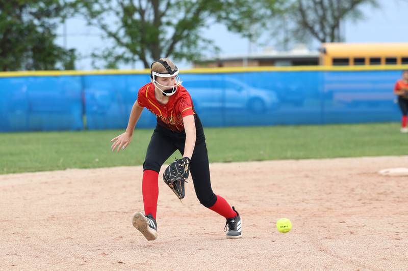 St. Anne's Tatum Kirkand looks to field a grounder during Clifton Central's 9-3 victory over St. Anne in the Class 1A Dwight Regional quarterfinal game at Central High School.