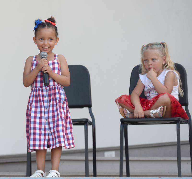 Zuraya Ritt, 4, sings the Alphabet Song, during the talent portion of the Let Freedom Ring Little Miss and Mister contestant on Wednesday, July 2, 2025 in Mt. Morris. Watching is contestant Aniyah Eggleston, 4. Ritt was named 2025 Little Miss Firecracker.