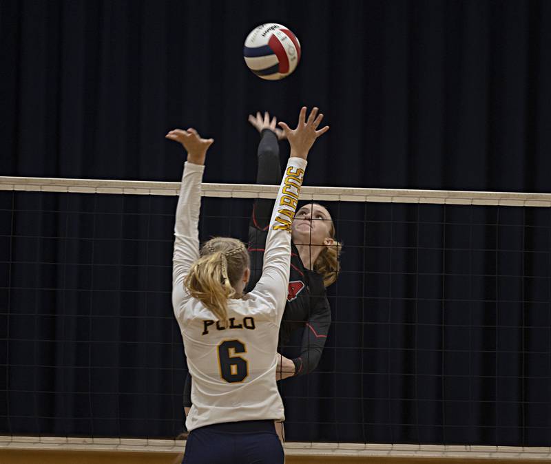 Fulton’s Ava Bowen works the net against Polo’s Sydnei Rahn Thursday, Sept. 14, 2023 in Polo.