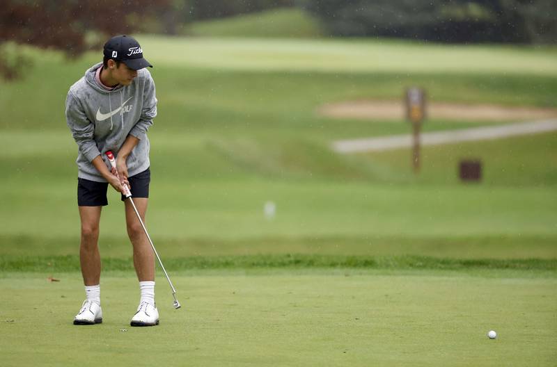 Noah Marshall, Batavia, on the green during the DuKane Conference Boys Varsity Tournament Tuesday, Sept. 24, 2024 Bartlett Hills Golf Club.